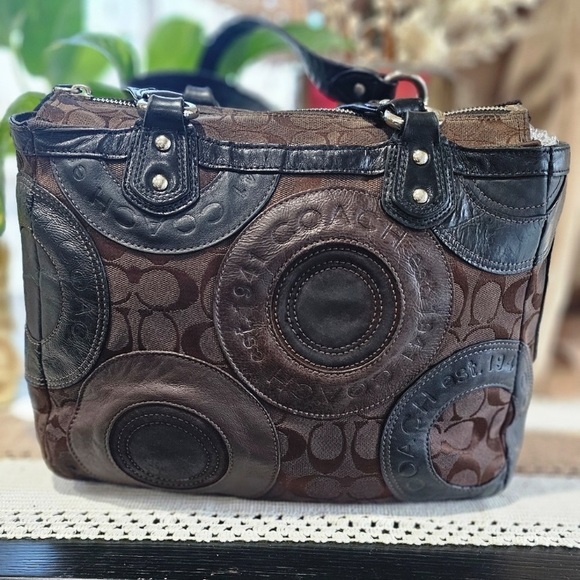 Coach Circle Patchwork East West Tote Black Brown H1093 F15466 Shoulder Bag GUC - Picture 1 of 16
